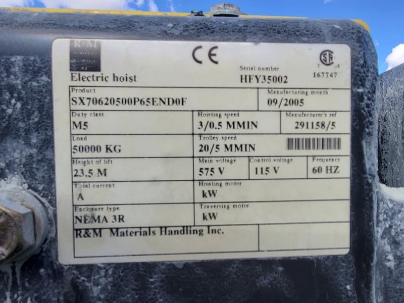 50 Ton, R & M Material Handling Spacemaster #SX70620500P65END0F, wire rope electric hoist, dual speed, 2005 - Image 2