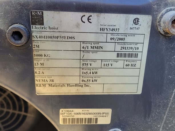25 Ton, R & M Material Handling Spacemaster #SX60620250P65EHD0F, wire rope electric hoist, dual speed, 2005 - Image 3