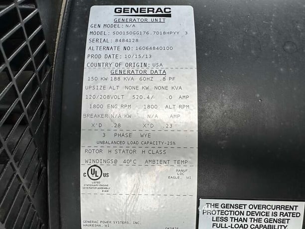 150 KW Generac #SD0150, diesel generator set, 120/208 Volts, 240 HP @ 1800 RPM, Iveco F4HE9685A 6.7L engine - Image 10