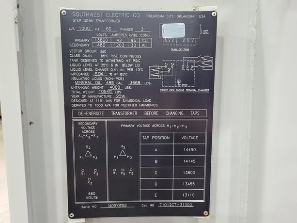 1000 KVA 13800 Primary, 480 Secondary, Southwest Electric 71012C7-31000, step-down transformer, oil, 2014 - Image 2