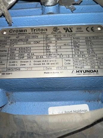 15 HP 1775 RPM Hyundai, Frame 254TC, 230/460 Volts, Squirrel Cage, refurbished - Image 1