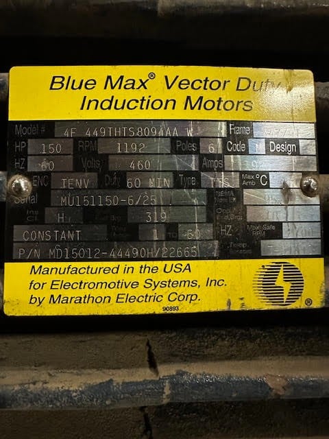 150 HP 1192 RPM Blue Max, Frame 447/9T, 460 Volts, Induction Motor, electrically OK - Image 1