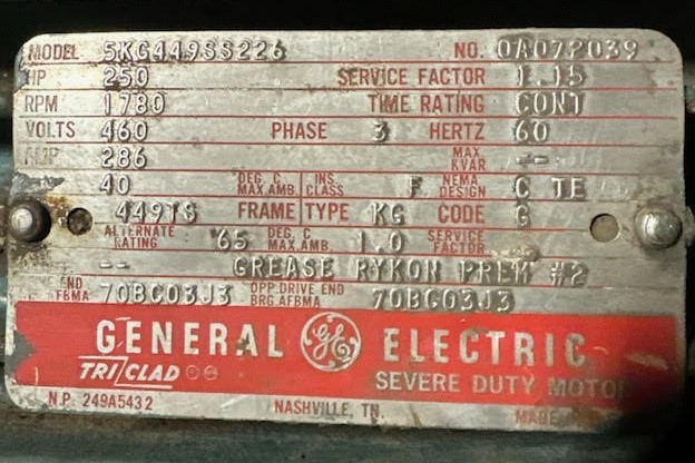 250 HP 1780 RPM GE, Fr. 449TS, 460 Volts, Squirrel Cage, EOK - Image 2