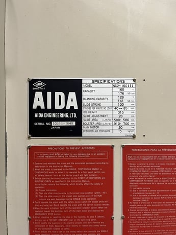 176 Ton, Aida #NC2-160(1), gap frame mechanical press, 5.12" stroke, 12.4" Shut Height,.78" adj., 40-85 SPM - Image 6