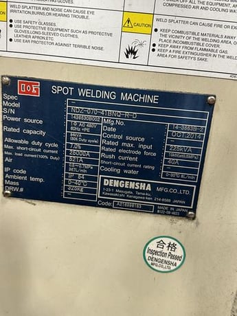 60 KVA Dengensha #NDZ-050-41BNU-R-D, projection spot welder, 2014, #105180 - Image 7