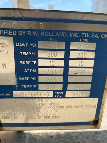 200 sq.ft., 400 psi shell, 235 psi tube, R.width Holland, heat exchanger, 315°F shell, 200°F tube, 2012 - Image 3