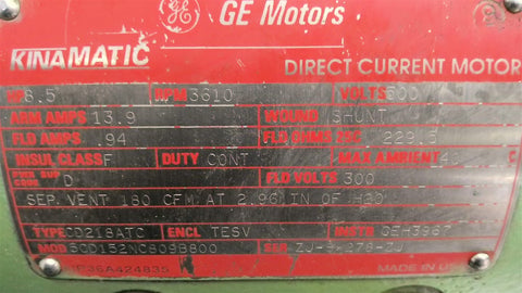 8 HP 3610 RPM General Electric 5CD152NC809B800, Frame CD218ATC, TESV, 500 VA, 300 VF - Image 2
