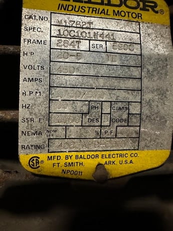 20 HP 1750/370 RPM Baldor, Frame 284T, 460 Volts, Squirrel Cage, electrically OK - Image 1
