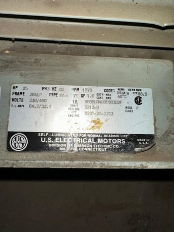 25 HP 1770 RPM U.S. Motors, Frame 284LP, 230/460 Volts, Squirrel Cage, electrically OK - Image 1