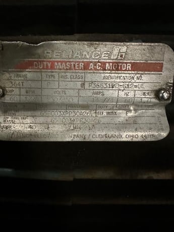 60 HP 1775 RPM Reliance, Frame 364T, 230/460 Volts, Squirrel Cage, electrically OK - Image 1