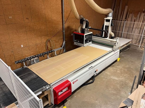 SCMI #Pratix-N-15, CNC router, 5' x 12' table, scissor lift, outfeed table, (2) 10 HP vacuum pumps, 2014 - Image 1