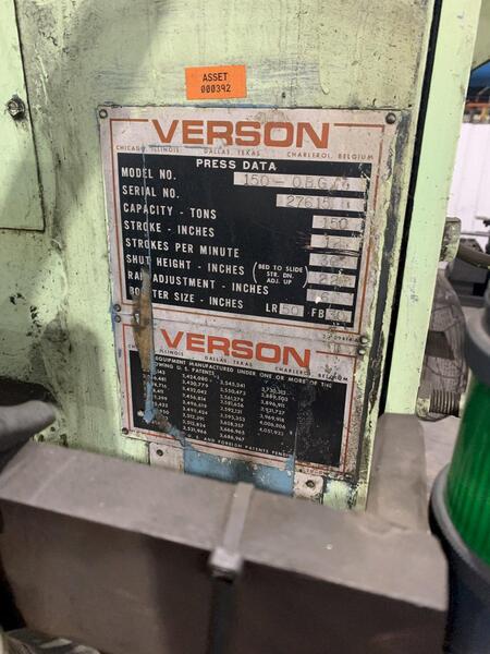 150 Ton, Verson #150-OBG, single crank mechanical metal stamping gap frame press, 12" stroke, reconditioned - Image 4