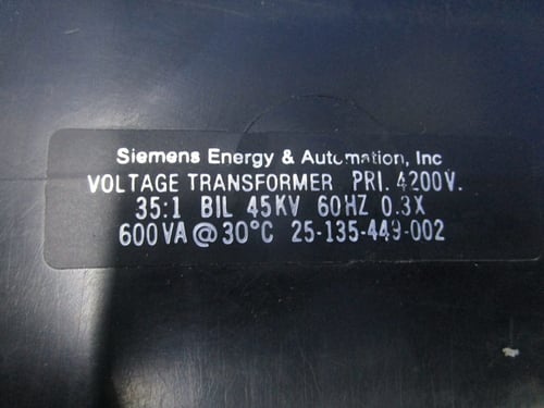 45 KV 4200 Pri. 600 Sec., Siemens Energy & Automation voltage transformer - Image 2