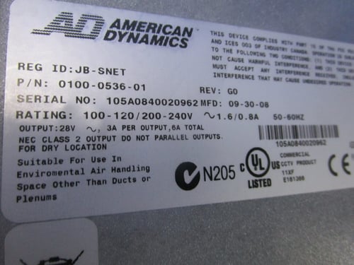 American Dynamics #JB-SNET Sensormatic transformer in Jbox - Image 2