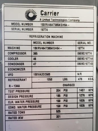525 Ton, Carrier #19XRV4647385KGH64, evergreen chiller hermetic centrifugal liquid chiller, 460 V., 3-phase - Image 2
