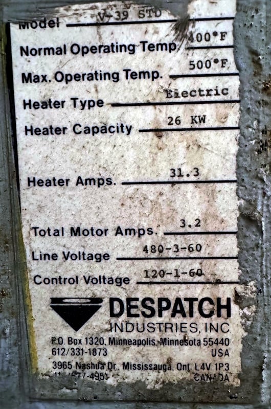 40" width x 63" H x 51" D Despatch #V-39, Walk-In Oven, 480V., 500°F, Honeywell Control, round chart recorder - Image 8