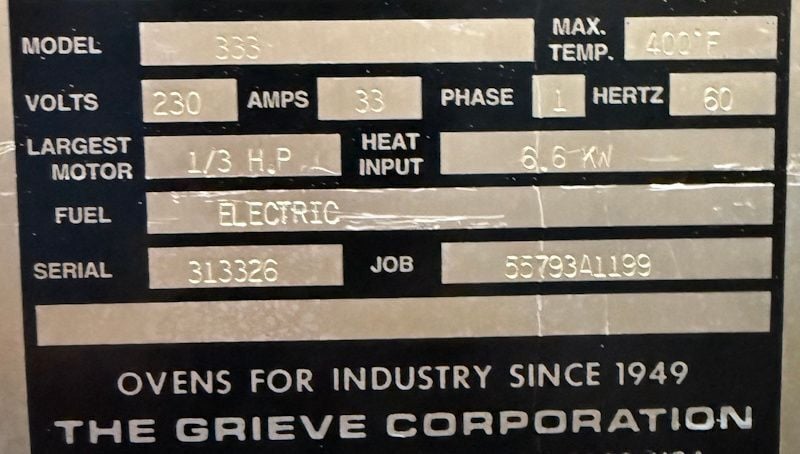 36" width x 36" H x 36" L Grieve #333, Cabinet Oven, 400°F - Image 7