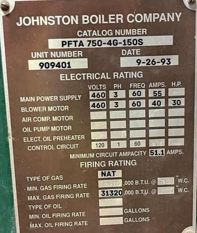 750 HP Johnston Boiler #PFTA-750-4G-150S, Boiler, 150 psi, 1993 - Image 3