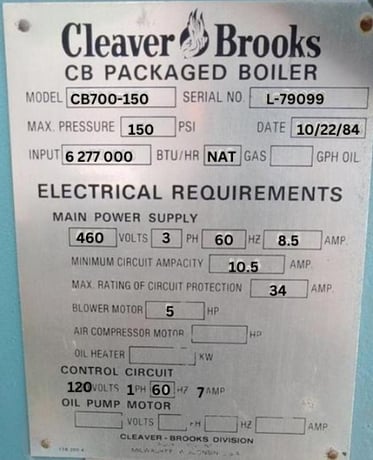 150 HP Cleaver-Brooks #CB700-150, Steam Boiler, Natural Gas, 150 psi, 5277000 BTU/hr., 460 V, 1984 - Image 3