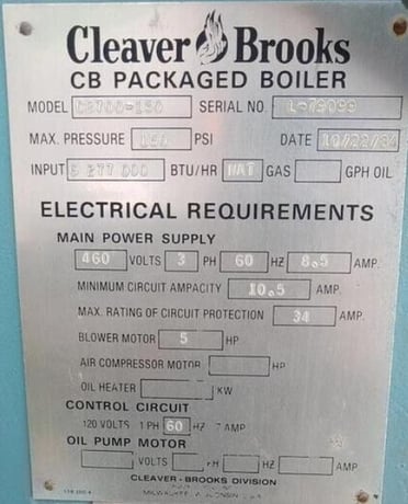 150 HP Cleaver-Brooks #CB700-150, Steam Boiler, Natural Gas, 150 psi, 5277000 BTU/hr., 460 V, 1984 - Image 4