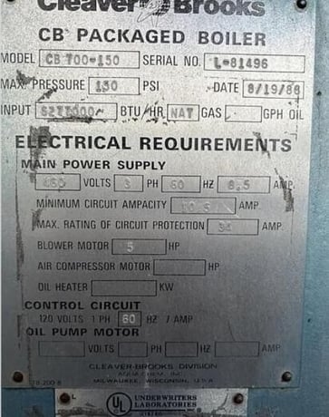 150 HP Cleaver-Brooks #CB-700-150, Steam Boiler, Natural Gas, 150 psi, 5277000 BTU/hr., 460 V, 1988 - Image 6