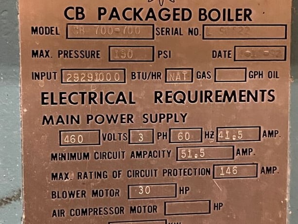 Cleaver Brooks #CB-700-700, Steam Boiler, Natural Gas, 150 psi, 29291000 BTU/hr., 460 V, 1992 - Image 3