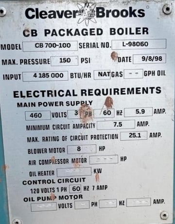 100 HP Cleaver-Brooks #CB700-100, Steam Boiler, Natural Gas, 150 psi, 4185000 BTU/hr., 480 V, 1998 - Image 2