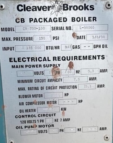 100 HP Cleaver-Brooks #CB700-100, Steam Boiler, Natural Gas, 150 psi, 4185000 BTU/hr., 480 V, 1998 - Image 3