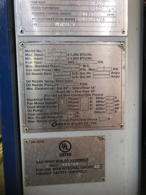 Muira #LX-300, Steam Boiler, Gas, 10350 lbs./hr., 170 psi, 2009 - Image 3