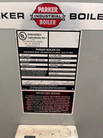 115 HP Parker Boiler #105-115, Steam Boiler, Natural Gas, 4830 MBTU, 100 psi, 2013 - Image 8