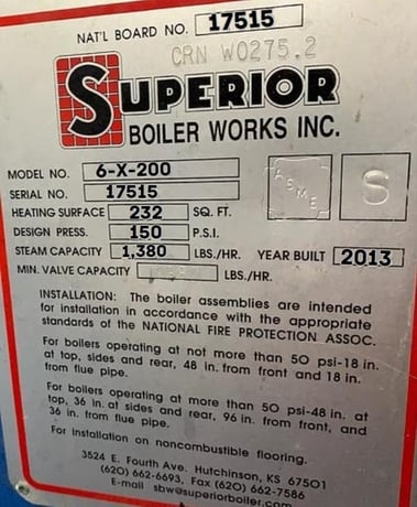40 HP Superior #8-x-200, Steam Boiler, 202 sq.ft., 1380 lbs./hr., 150 psi, 2013 - Image 3