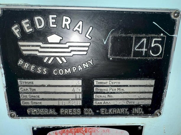 45 Ton, Federal #45, OBI Press, 3" Stroke, 11" Shut Height, 10" Throat, 120 SPM, 18" x 28" Bed - Image 3