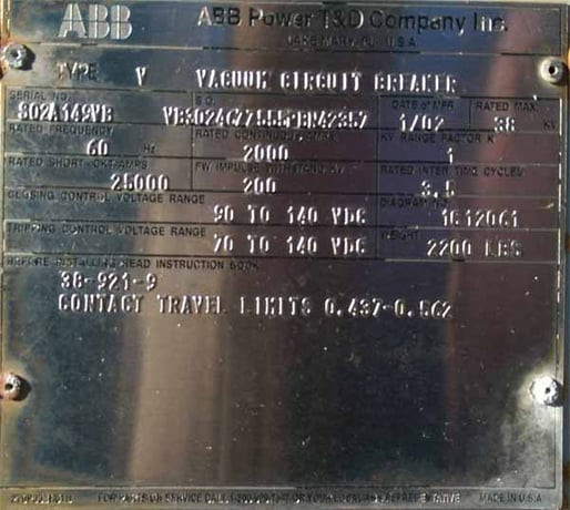 2000 Amp, ABB, V, 38 KV, 200KV BIL, 125 VDC CLOSE & TRIP, VACUUM BREAKER - Image 2