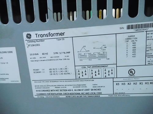 15 KVA 480 Primary, 208/120 Secondary, General Electric 9T10A1001, type QL, 1 yr warranty - Image 3
