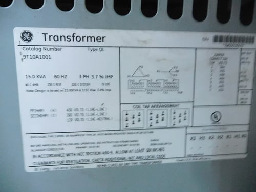 15 KVA 480 Primary, 208/120 Secondary, General Electric 9T10A1001, type QL, 1 yr warranty - Image 8