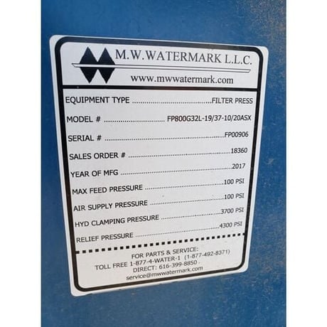 32" x 32" MW Watermark #FP800G32L-19/37-10/20ASX, Filter Press, 100 PSI, 4300 PSI Relief Pressure, 40 Plates - Image 6