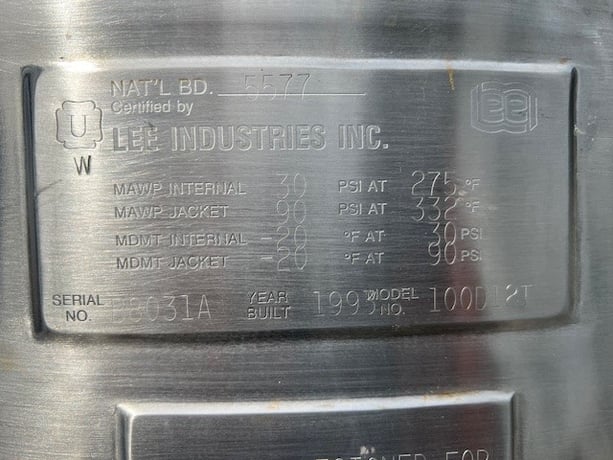 100 gallon Lee #1000D12T, Vacuum Rated Kettle, 90 PSI @ 332°F, 20 HP, 480 V., 3525 RPM, 1993 - Image 5