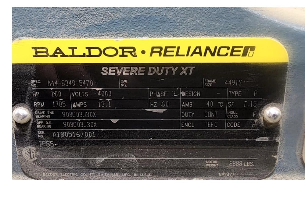 100 HP 1785 RPM Reliance, Frame 449TS, A1605167001 - Image 1