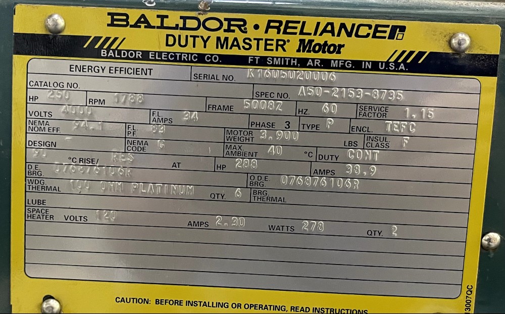 250 HP 1788 RPM Reliance, Frame 5008Z, K1605020006 - Image 1