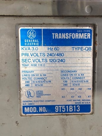 3 KVA 240/480 Primary, 120/240 Secondary, General Electric #9T51B13, Single Phase Transformer - Image 1