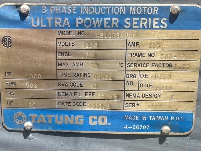 1000 HP 514 RPM Tatung, Frame 500-1250, WPIIBB, 4160 Volts - Image 3