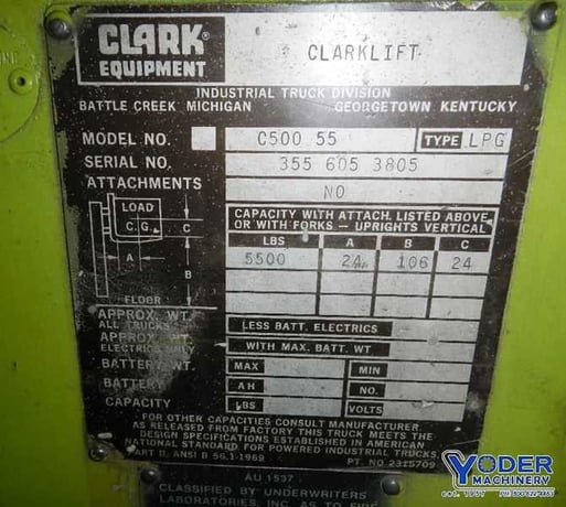 5500 lb. Clark #C500-55, LP gas forklift, 244" lift height, protective roll cage, automatic transmission - Image 8