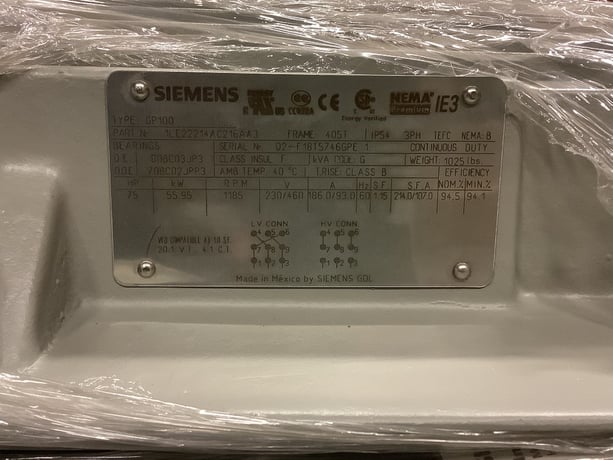 75 HP 1185 RPM Siemens, Frame 405T, TEFC, ball bearing, 230/460 Volts, new - Image 3
