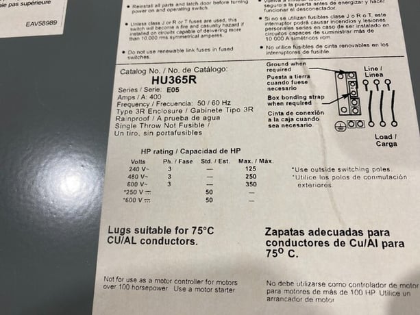 400 Amp. Square D #HU365R, Safety Disconnect Switch, 3P 600V 3PH 350HP 3R Encl. - Image 7