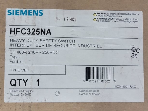 400 Amp. Siemens, HFC325NA, fused disconnect, 3-pole, 240 Volts, new surplus - Image 2