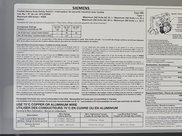 400 Amp. Siemens, HFC325NA, fused disconnect, 3-pole, 240 Volts, new surplus - Image 8