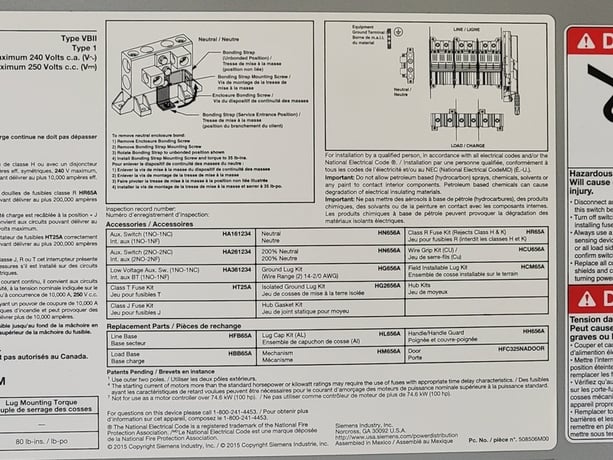 400 Amp. Siemens, HFC325NA, fused disconnect, 3-pole, 240 Volts, new surplus - Image 9