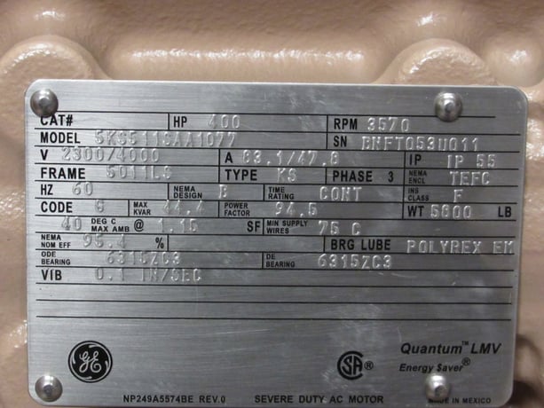 400 HP 3600 RPM General Electric, Frame 5011LS, TEFC, BB, new, 2300/4160 Volts - Image 1