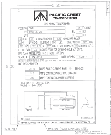 ZigZag Grounding Transformer 13800ZZ, Neutral Current 3014A for 10 Secondary , 9.19 ohms / Phase - Image 2