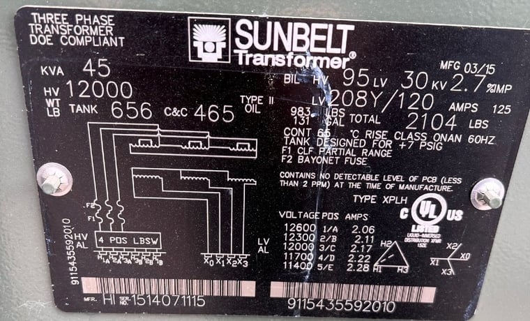 45 KVA 12000 Delta Primary, 208Y/120 Secondary, Sunbelt Solomon, RTS - Image 1